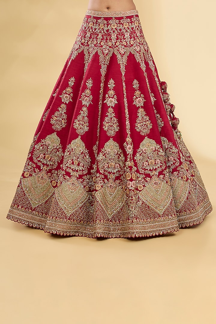 Red Silk Zardosi & Resham Embroidered Bridal Lehenga Set by Pallavi Poddar (India) at Pernia's Pop Up Shop