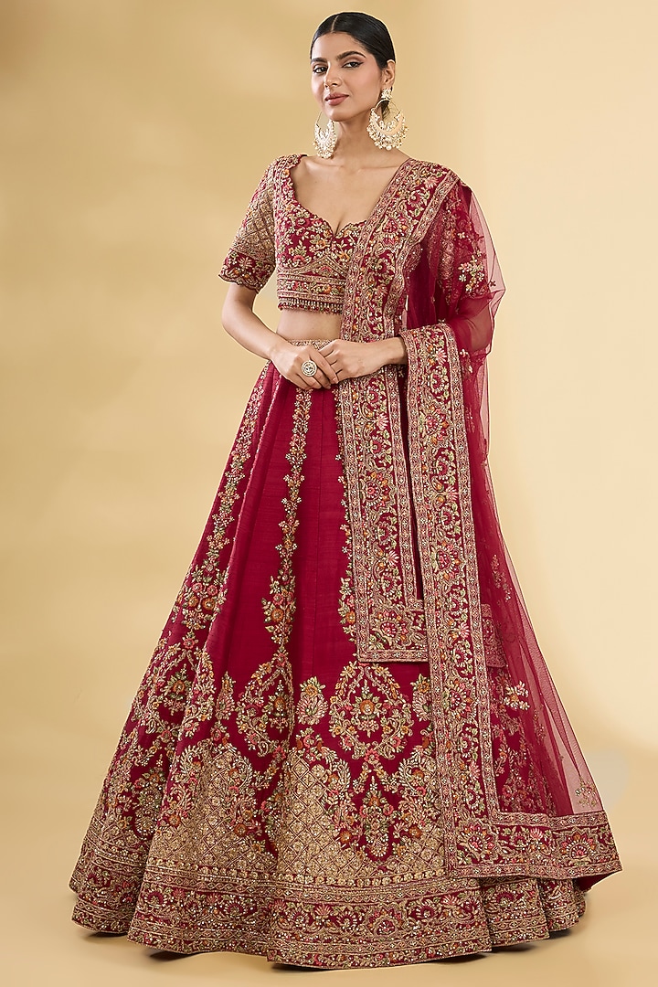 Red Silk Zardosi & Resham Embroidered Bridal Lehenga Set by Pallavi Poddar (India) at Pernia's Pop Up Shop