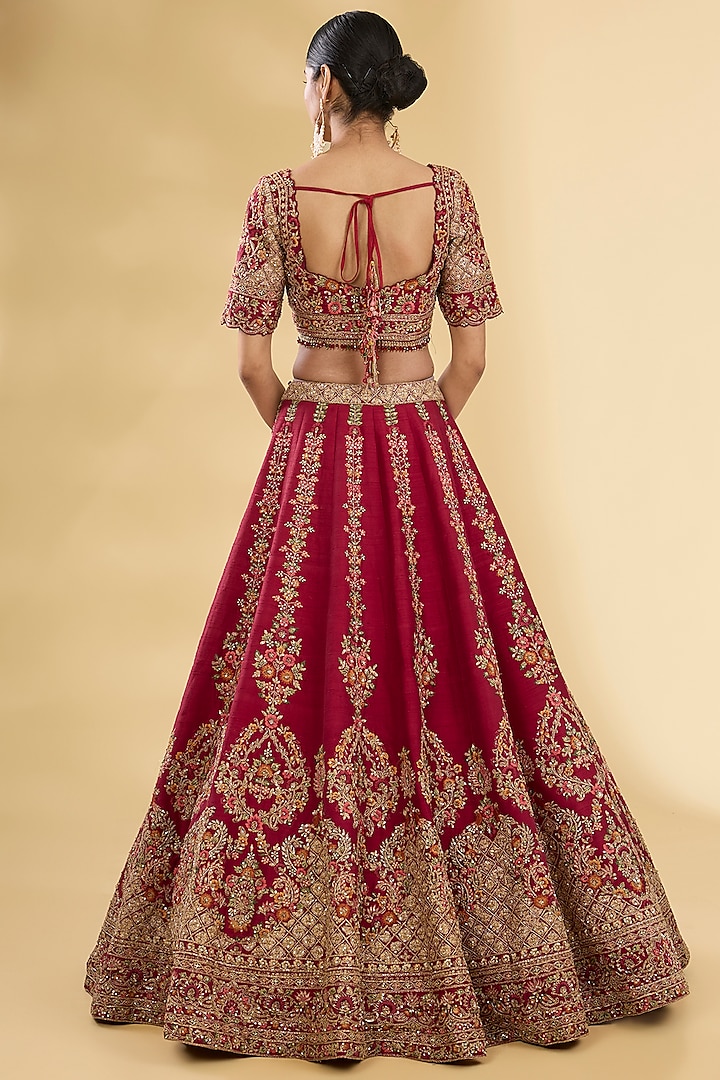 Red Silk Zardosi & Resham Embroidered Bridal Lehenga Set by Pallavi Poddar (India) at Pernia's Pop Up Shop