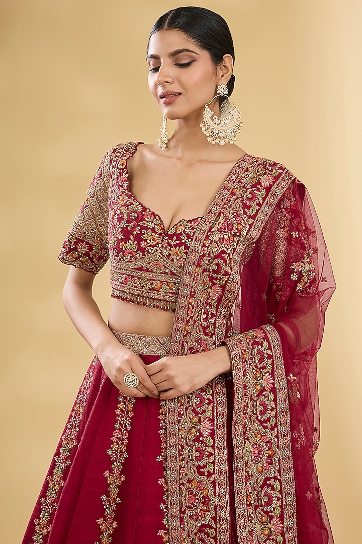 Red Silk Zardosi & Resham Embroidered Bridal Lehenga Set by Pallavi Poddar (India) at Pernia's Pop Up Shop