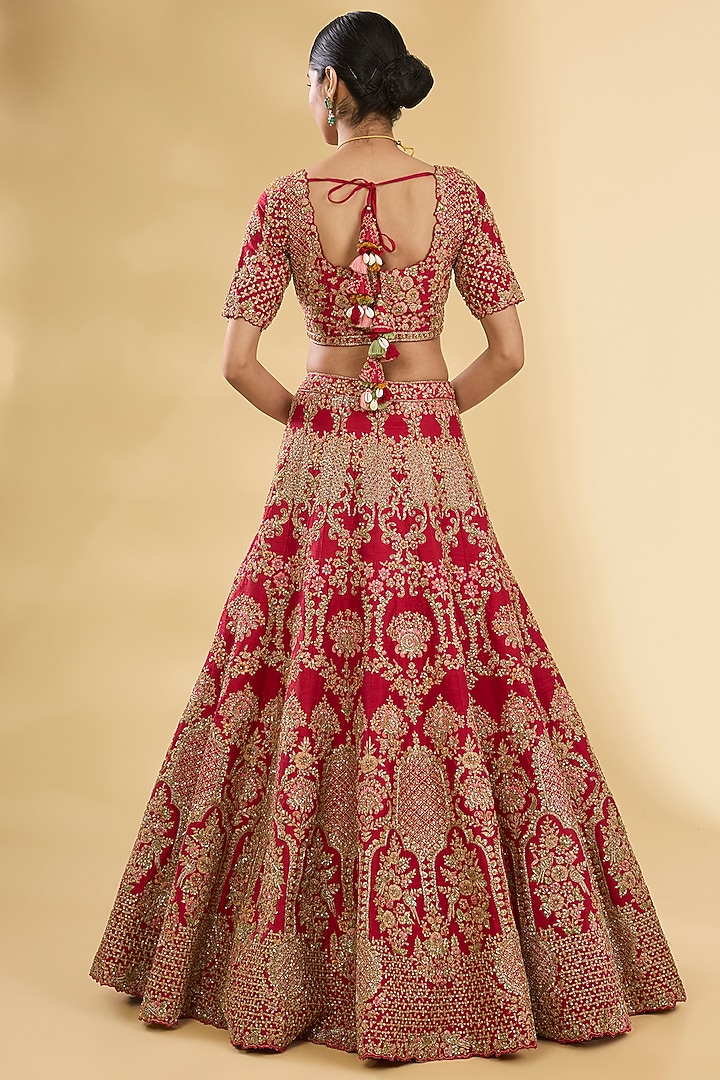 Red Silk Zardosi & Resham Embroidered Bridal Lehenga Set by Pallavi Poddar (India) at Pernia's Pop Up Shop