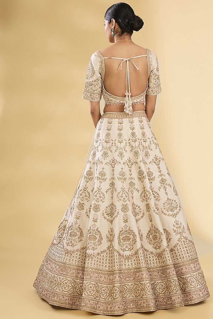 Ivory Silk Zardosi & Resham Embroidered Bridal Lehenga Set by Pallavi Poddar (India) at Pernia's Pop Up Shop