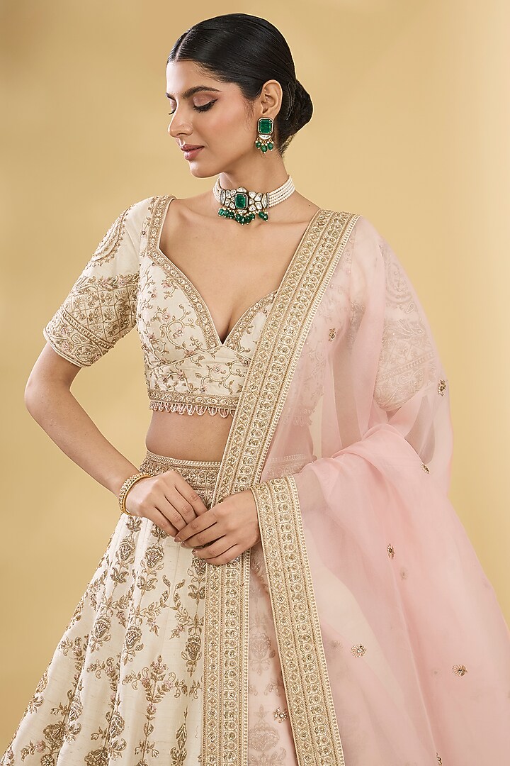 Ivory Silk Zardosi & Resham Embroidered Bridal Lehenga Set by Pallavi Poddar (India) at Pernia's Pop Up Shop