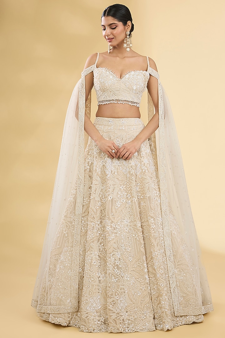 Ivory Organza Pearl Embroidered Bridal Lehenga Set by Pallavi Poddar (India) at Pernia's Pop Up Shop