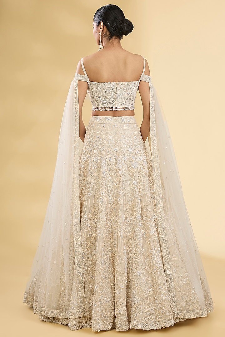 Ivory Organza Pearl Embroidered Bridal Lehenga Set by Pallavi Poddar (India) at Pernia's Pop Up Shop