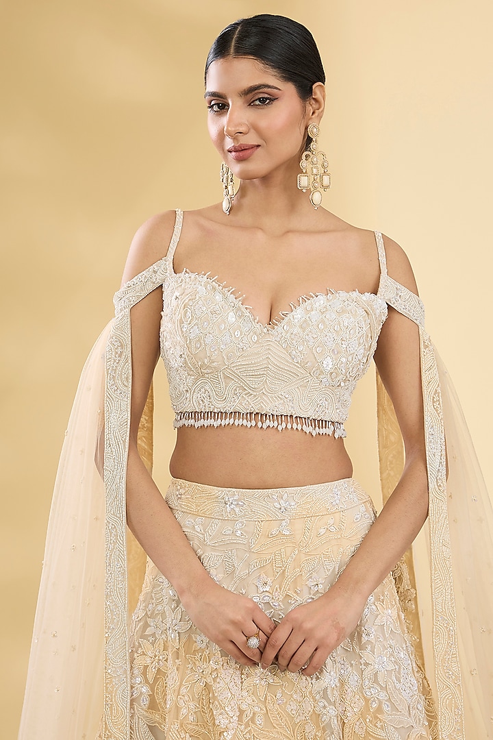 Ivory Organza Pearl Embroidered Bridal Lehenga Set by Pallavi Poddar (India) at Pernia's Pop Up Shop