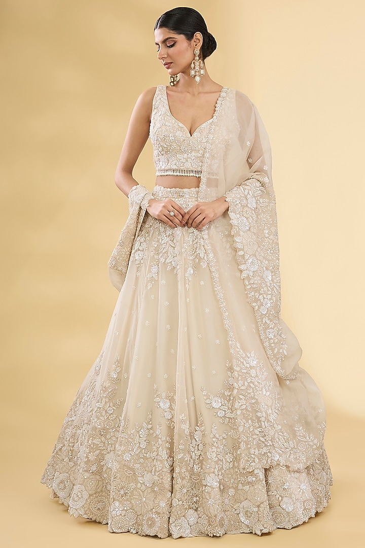 Ivory Organza Floral Embroidered Bridal Lehenga Set by Pallavi Poddar (India) at Pernia's Pop Up Shop
