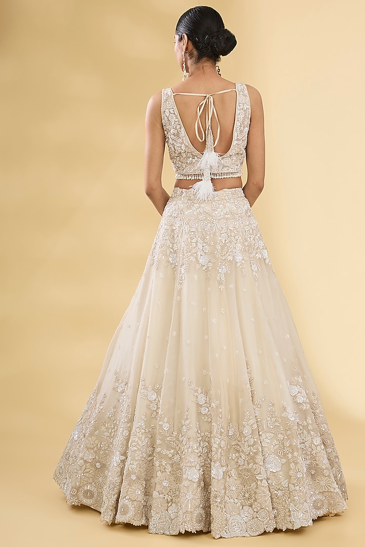 Ivory Organza Floral Embroidered Bridal Lehenga Set by Pallavi Poddar (India) at Pernia's Pop Up Shop
