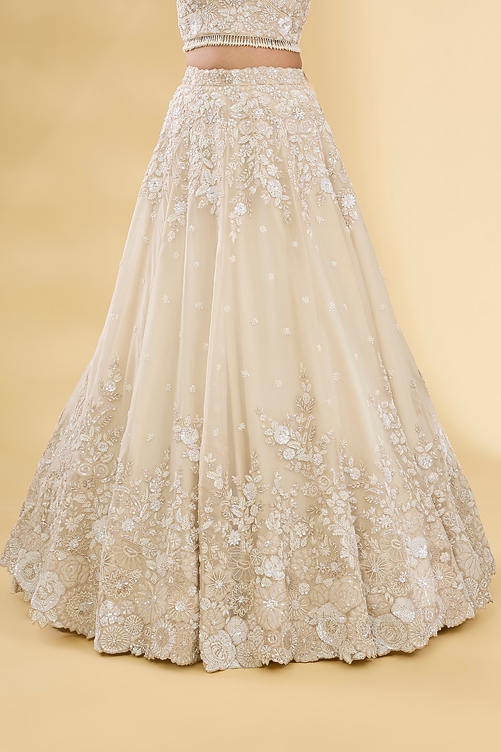 Ivory Organza Floral Embroidered Bridal Lehenga Set by Pallavi Poddar (India) at Pernia's Pop Up Shop