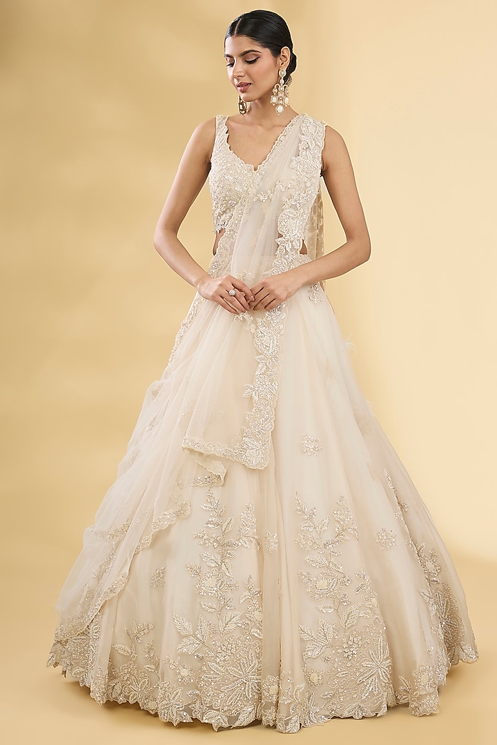 Ivory Organza Glass Beads Embroidered Wedding Lehenga Set by Pallavi Poddar (India) at Pernia's Pop Up Shop