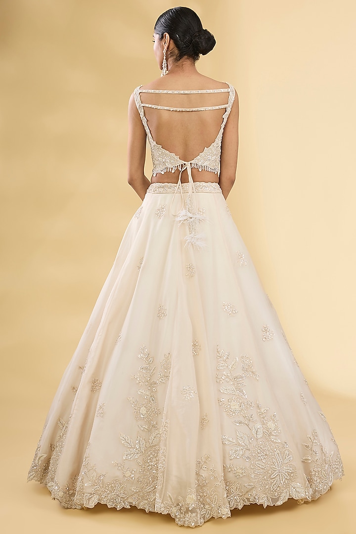 Ivory Organza Glass Beads Embroidered Wedding Lehenga Set by Pallavi Poddar (India) at Pernia's Pop Up Shop
