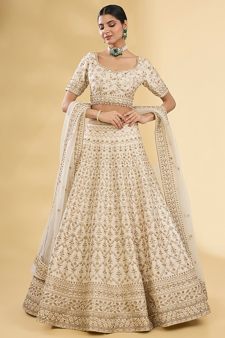 Ivory Silk Zardosi & Pearl Embroidered Bridal Lehenga Set by Pallavi Poddar (India) at Pernia's Pop Up Shop
