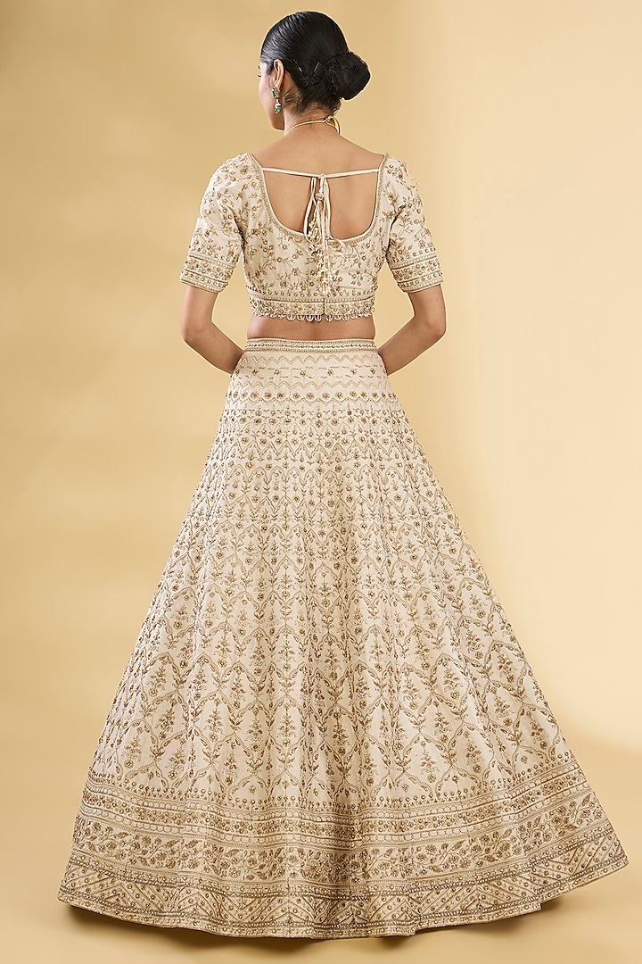 Ivory Silk Zardosi & Pearl Embroidered Bridal Lehenga Set by Pallavi Poddar (India) at Pernia's Pop Up Shop