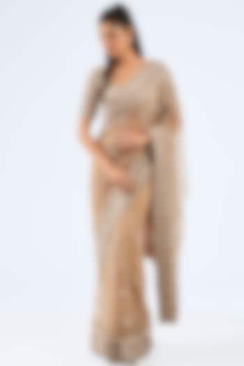 Beige Tulle Cutdana & Resham Embroidered Reception Saree Set by Pallavi Poddar (India) at Pernia's Pop Up Shop