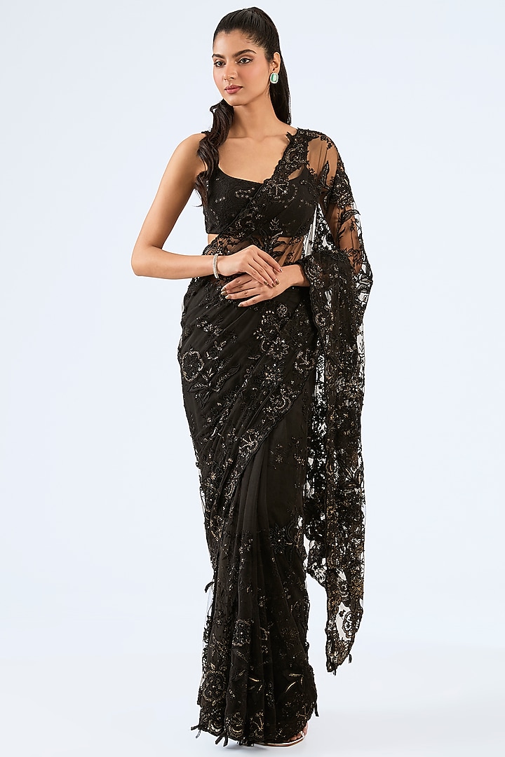Black Tulle Cutdana & Resham Embroidered Reception Saree Set by Pallavi Poddar (India) at Pernia's Pop Up Shop