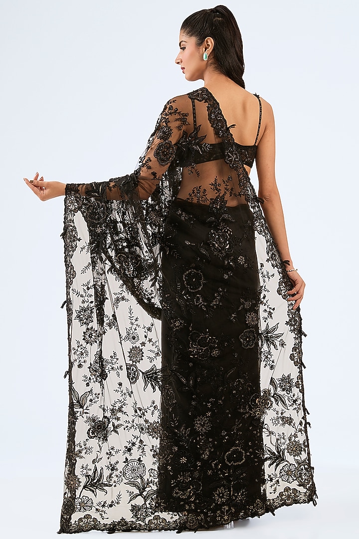 Black Tulle Cutdana & Resham Embroidered Reception Saree Set by Pallavi Poddar (India) at Pernia's Pop Up Shop