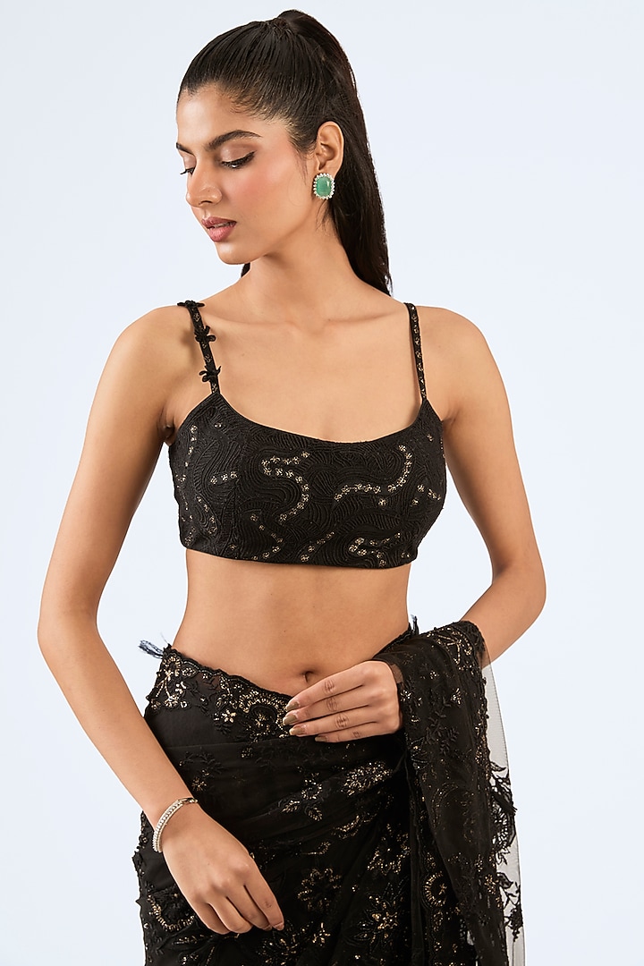 Black Tulle Cutdana & Resham Embroidered Reception Saree Set by Pallavi Poddar (India) at Pernia's Pop Up Shop