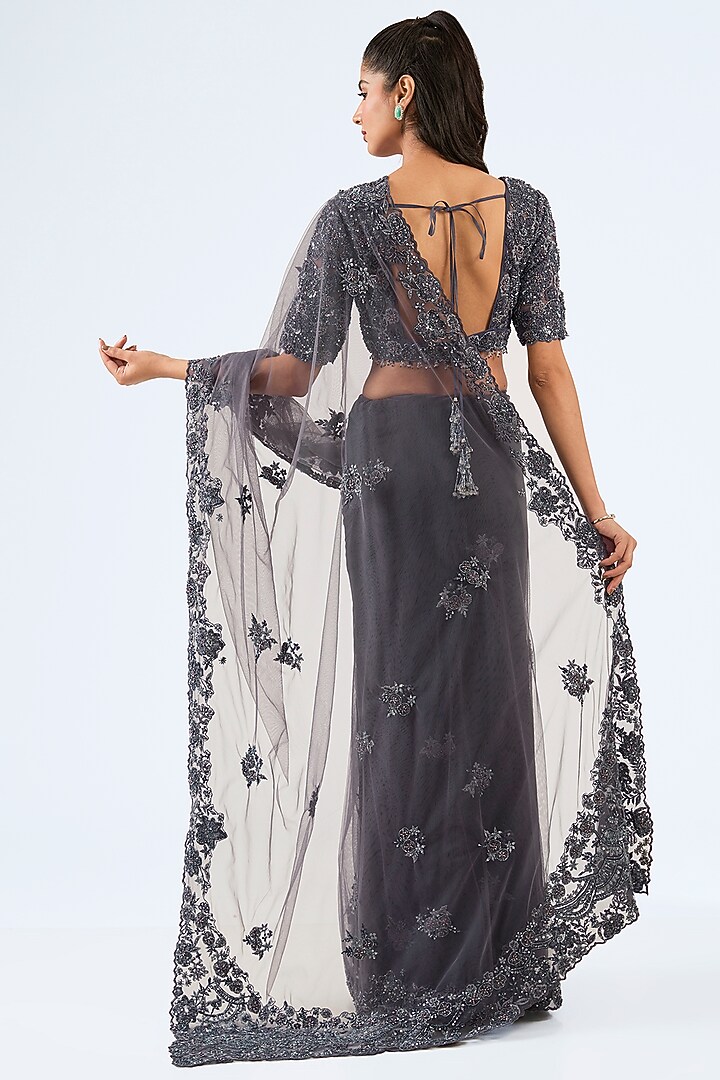 Grey Tulle Cutdana & Resham Embroidered Wedding Saree Set by Pallavi Poddar (India) at Pernia's Pop Up Shop
