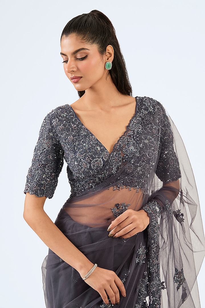 Grey Tulle Cutdana & Resham Embroidered Wedding Saree Set by Pallavi Poddar (India) at Pernia's Pop Up Shop