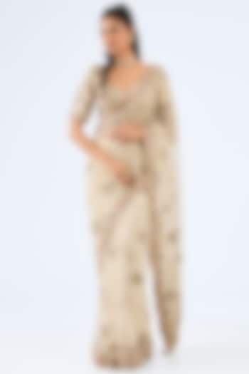 Ivory Tulle Sequins & Cutdana Work Saree Set by Pallavi Poddar (India) at Pernia's Pop Up Shop