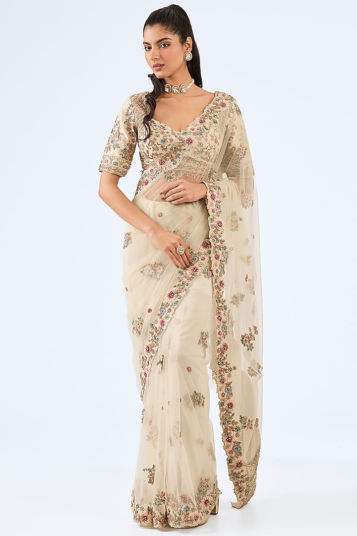 Ivory Tulle Sequins & Cutdana Work Saree Set by Pallavi Poddar (India) at Pernia's Pop Up Shop