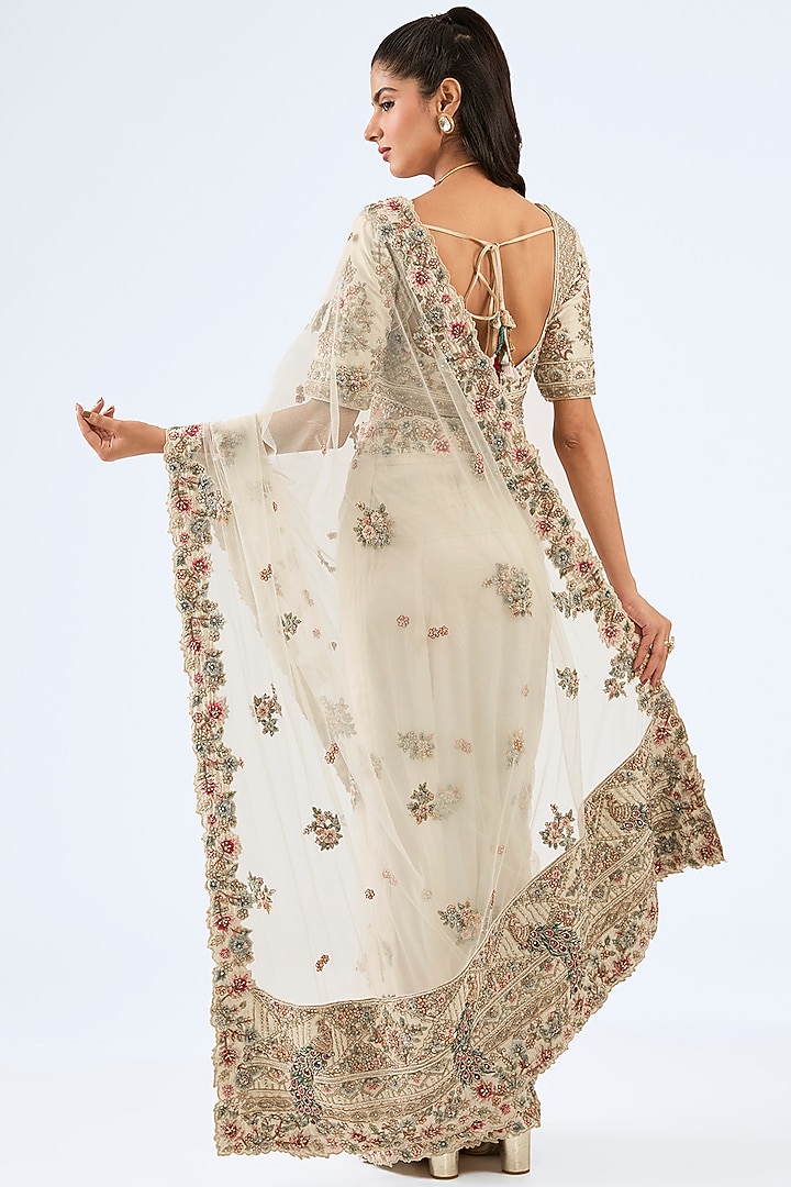 Ivory Tulle Sequins & Cutdana Work Reception Saree Set by Pallavi Poddar (India) at Pernia's Pop Up Shop