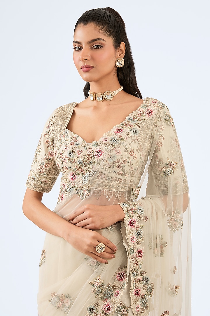 Ivory Tulle Sequins & Cutdana Work Reception Saree Set by Pallavi Poddar (India) at Pernia's Pop Up Shop