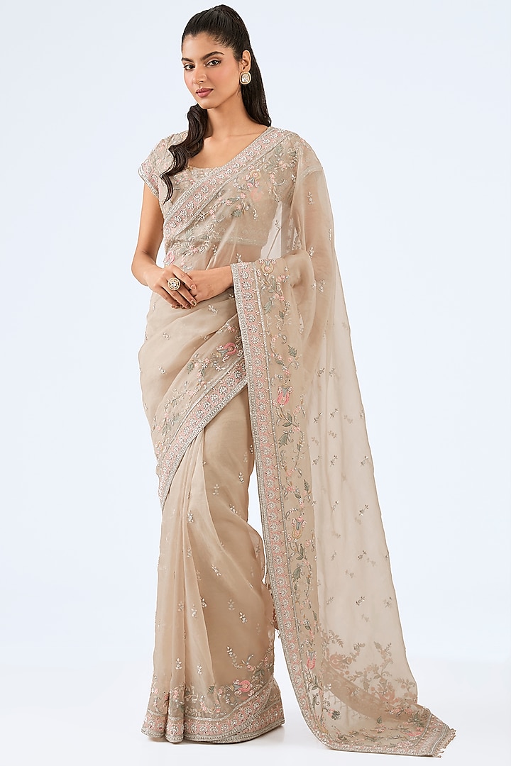 Peach Organza Resham Embroidered Saree Set by Pallavi Poddar (India) at Pernia's Pop Up Shop