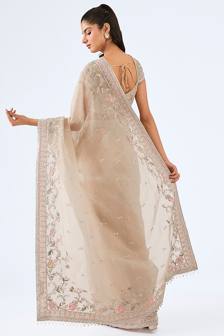 Peach Organza Resham Embroidered Wedding Saree Set by Pallavi Poddar (India) at Pernia's Pop Up Shop