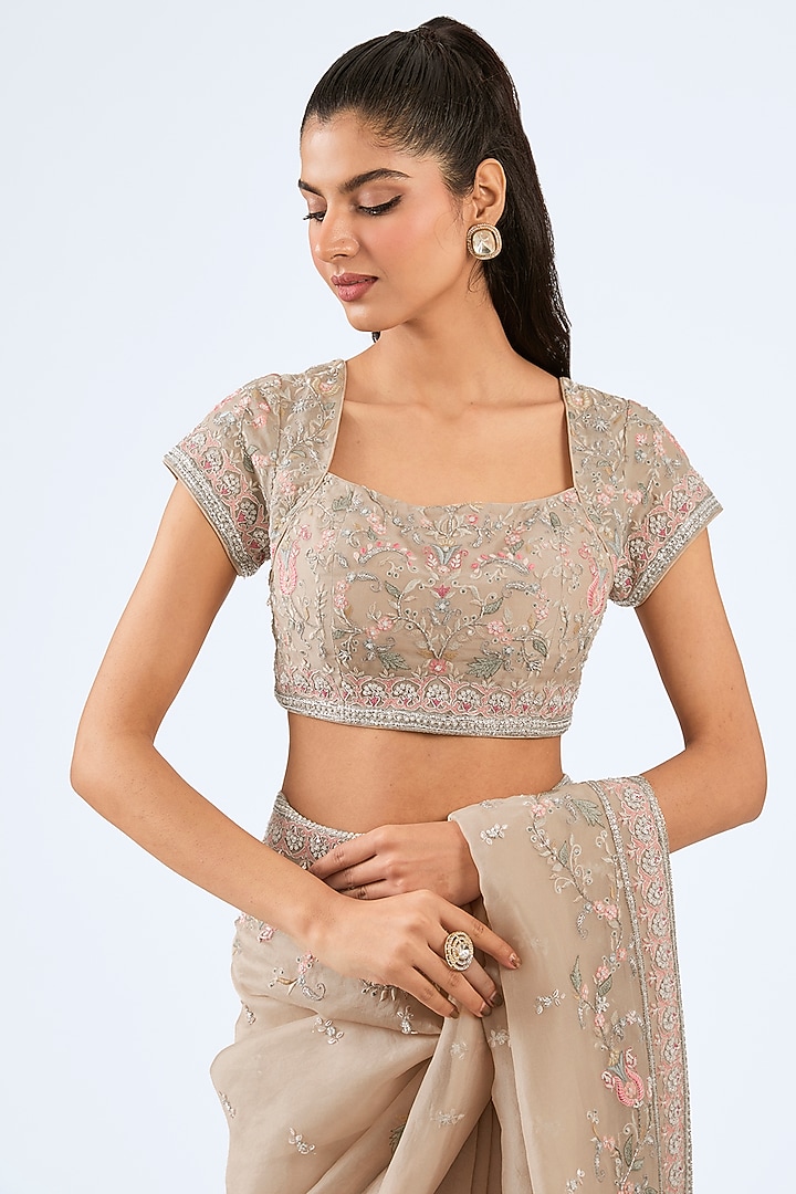 Peach Organza Resham Embroidered Wedding Saree Set by Pallavi Poddar (India) at Pernia's Pop Up Shop