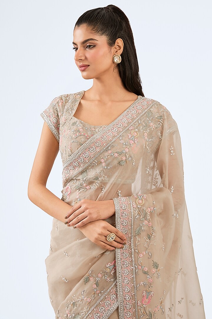 Peach Organza Resham Embroidered Wedding Saree Set by Pallavi Poddar (India) at Pernia's Pop Up Shop