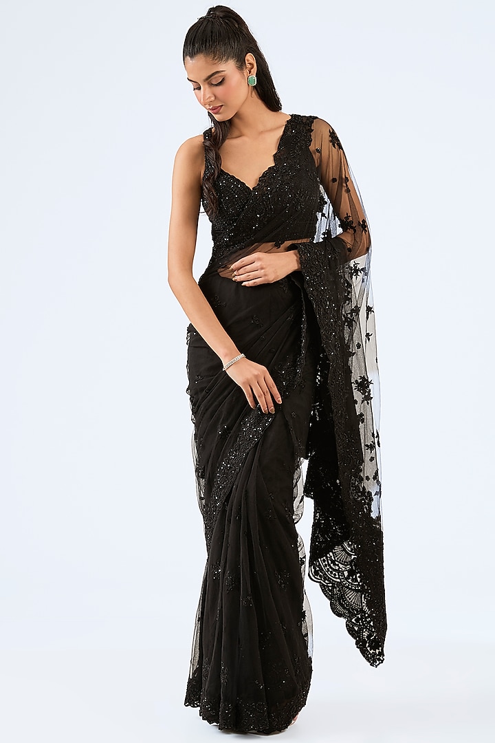 Black Tulle Resham Embroidered Saree Set by Pallavi Poddar (India) at Pernia's Pop Up Shop