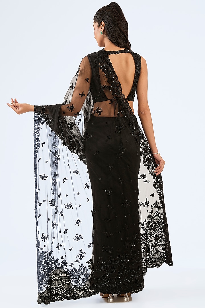 Black Tulle Resham Embroidered Wedding Saree Set by Pallavi Poddar (India) at Pernia's Pop Up Shop