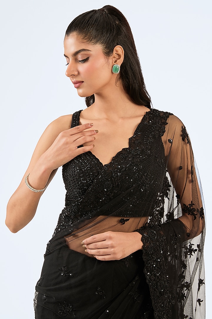 Black Tulle Resham Embroidered Wedding Saree Set by Pallavi Poddar (India) at Pernia's Pop Up Shop