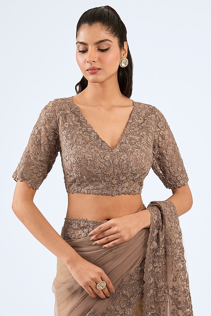 Peach Organza Resham Embroidered Wedding Saree Set by Pallavi Poddar (India) at Pernia's Pop Up Shop