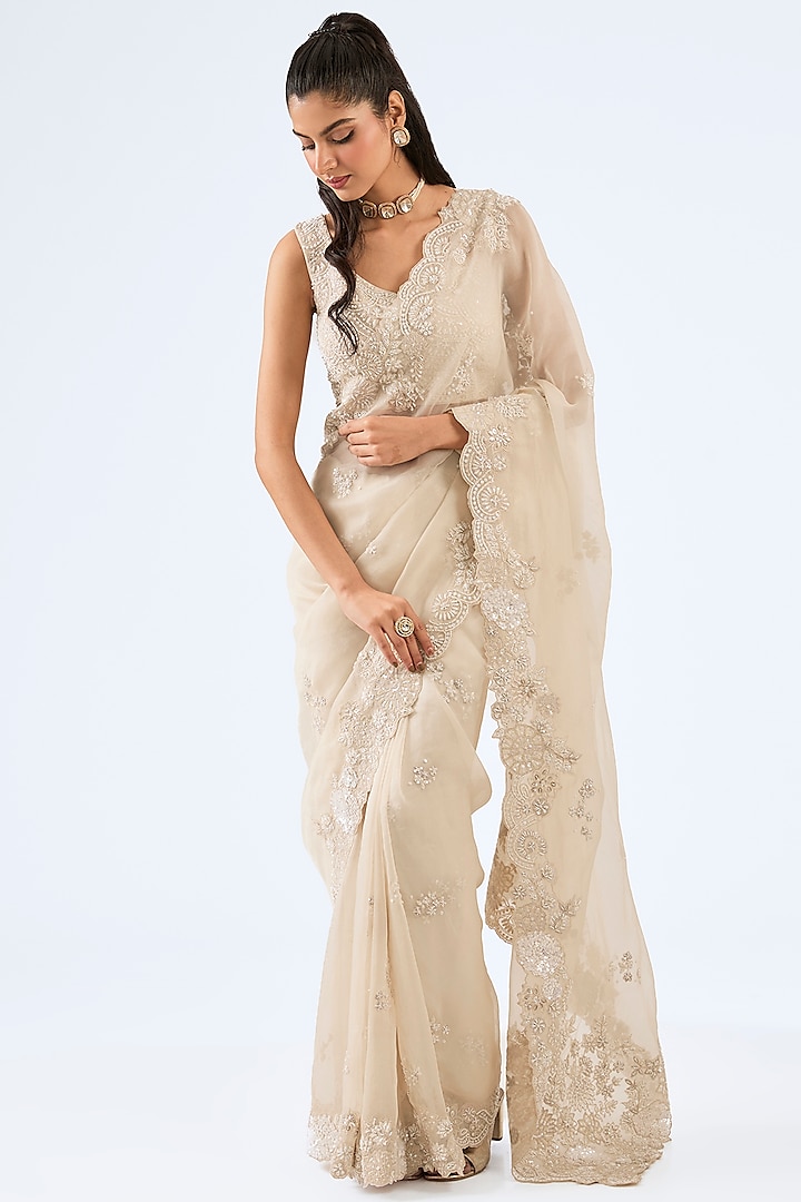 Ivory Organza Cutwork Saree Set by Pallavi Poddar (India) at Pernia's Pop Up Shop