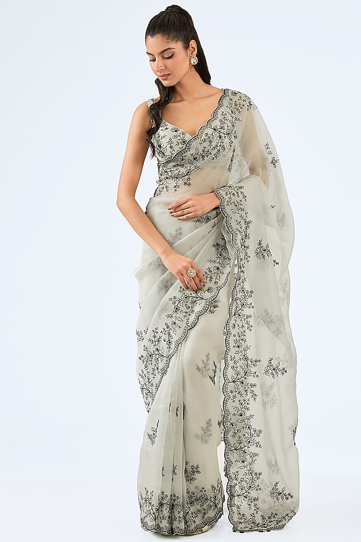 Light Aqua Organza Resham Embroidered Saree Set by Pallavi Poddar (India) at Pernia's Pop Up Shop