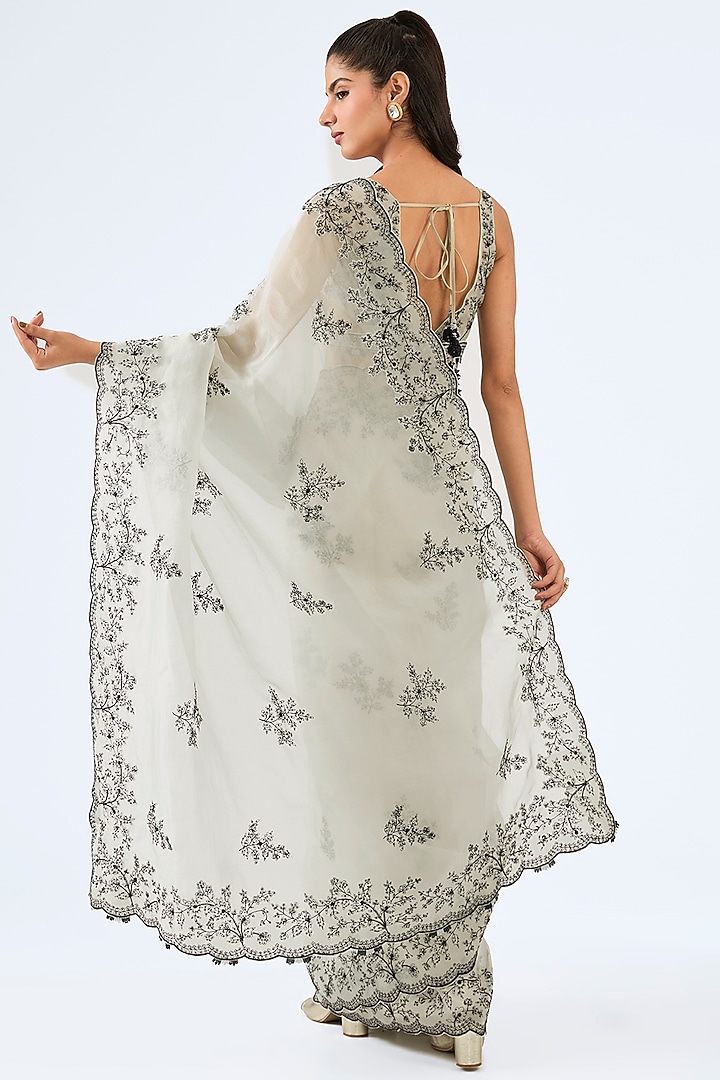 Light Aqua Organza Resham Embroidered Wedding Saree Set by Pallavi Poddar (India) at Pernia's Pop Up Shop