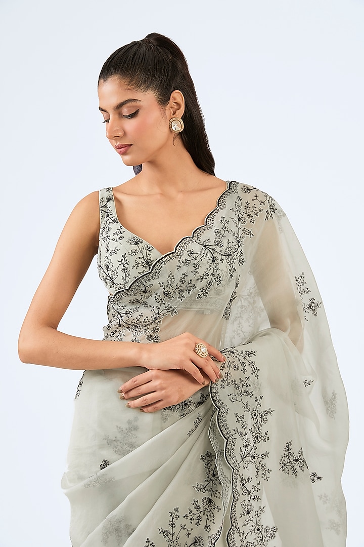 Light Aqua Organza Resham Embroidered Wedding Saree Set by Pallavi Poddar (India) at Pernia's Pop Up Shop