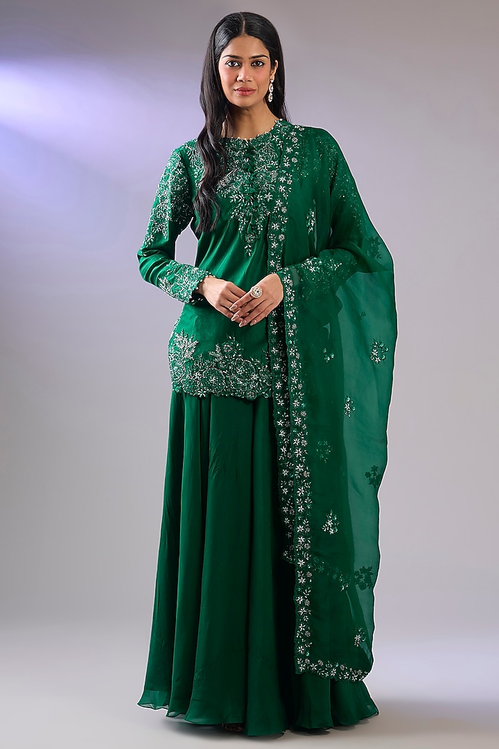 Green Dupion Silk Sharara Set by Pallavi Poddar (India) at Pernia's Pop Up Shop