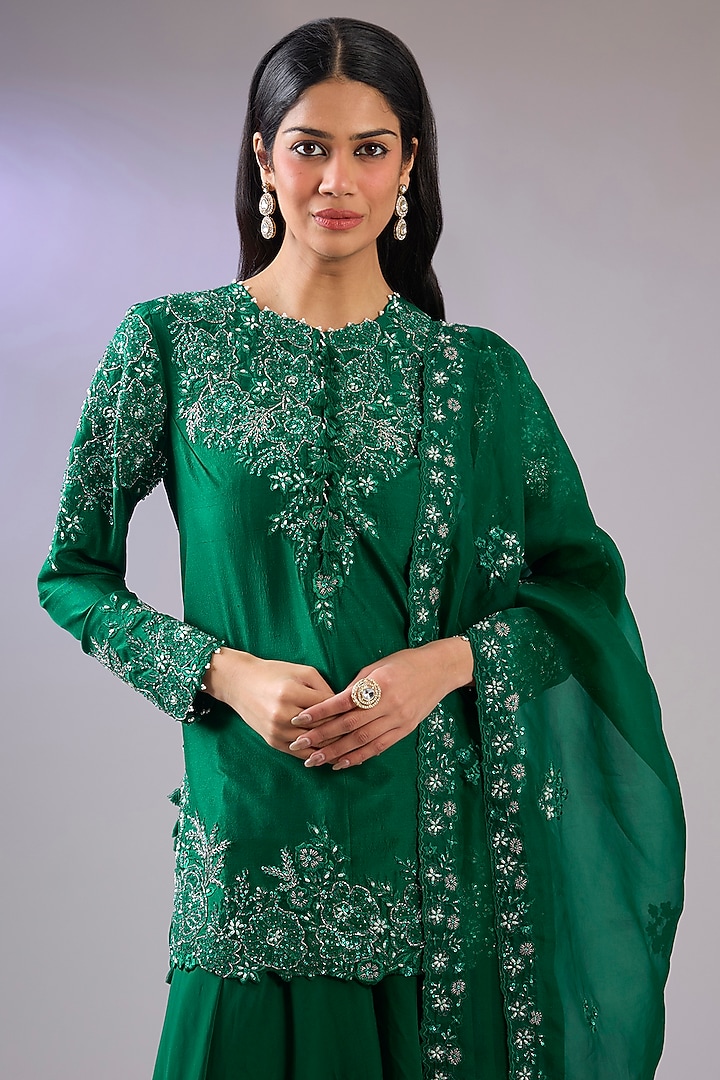 Green Dupion Silk Wedding Sharara Set by Pallavi Poddar (India) at Pernia's Pop Up Shop
