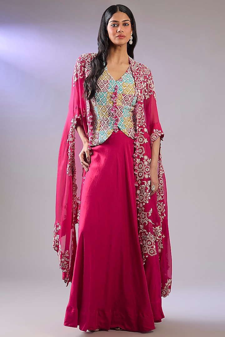 Pink Organza Resham Embroidered Cape Set by Pallavi Poddar (India) at Pernia's Pop Up Shop