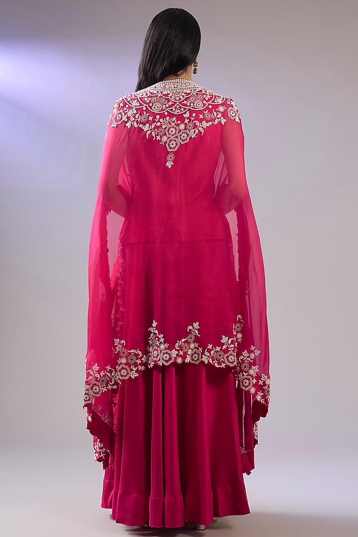 Pink Organza Resham Embroidered Cape Set by Pallavi Poddar (India) at Pernia's Pop Up Shop