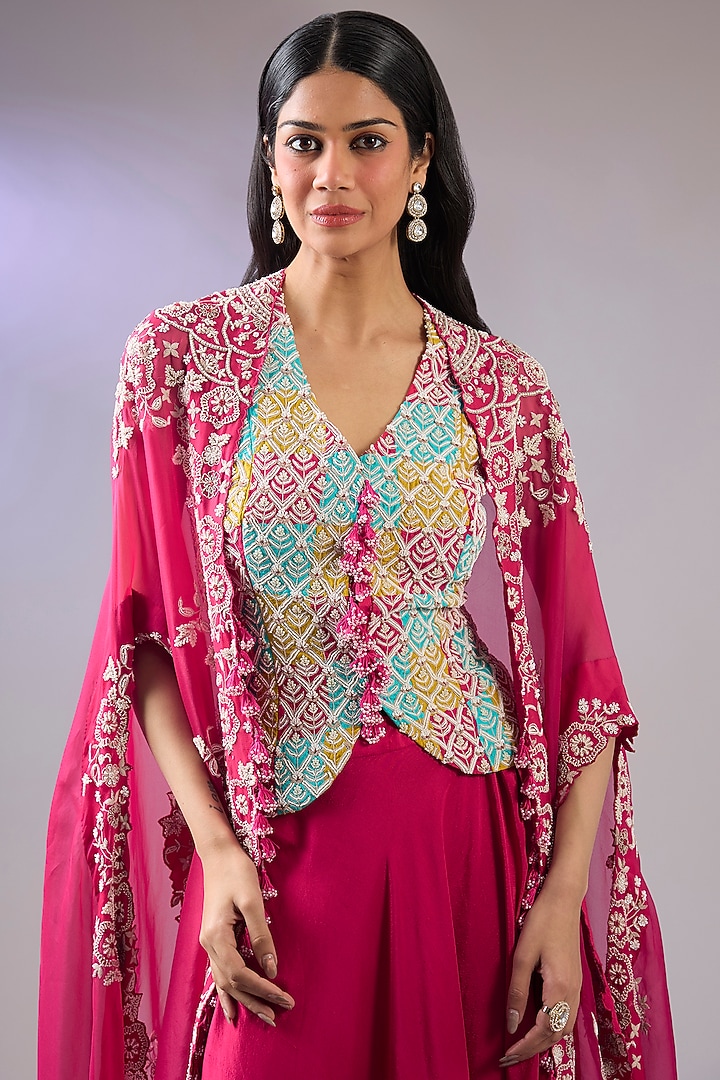Pink Organza Resham Embroidered Cape Set by Pallavi Poddar (India) at Pernia's Pop Up Shop