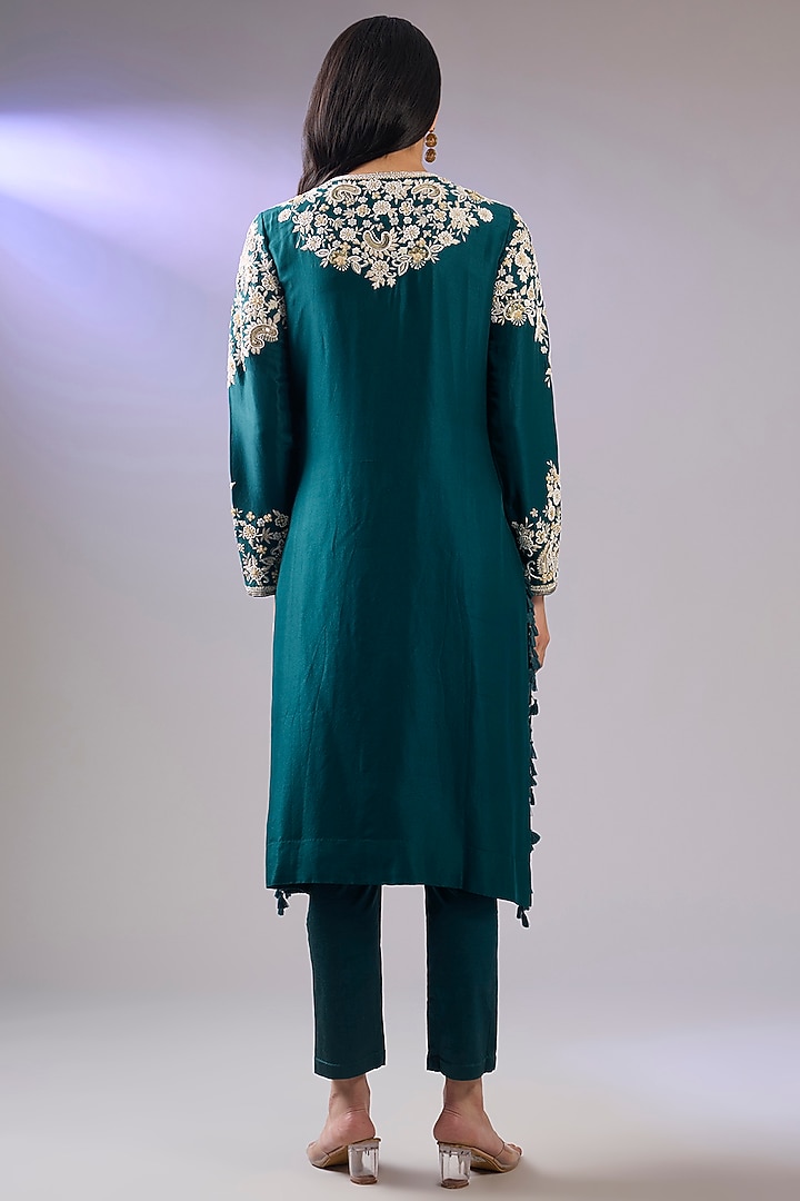 Green Dupion Silk Pearl Work Kurta Set by Pallavi Poddar (India) at Pernia's Pop Up Shop