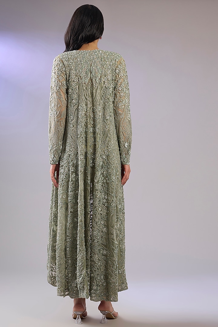 Green Sheer Net Dabka Work Jacket Set by Pallavi Poddar (India) at Pernia's Pop Up Shop