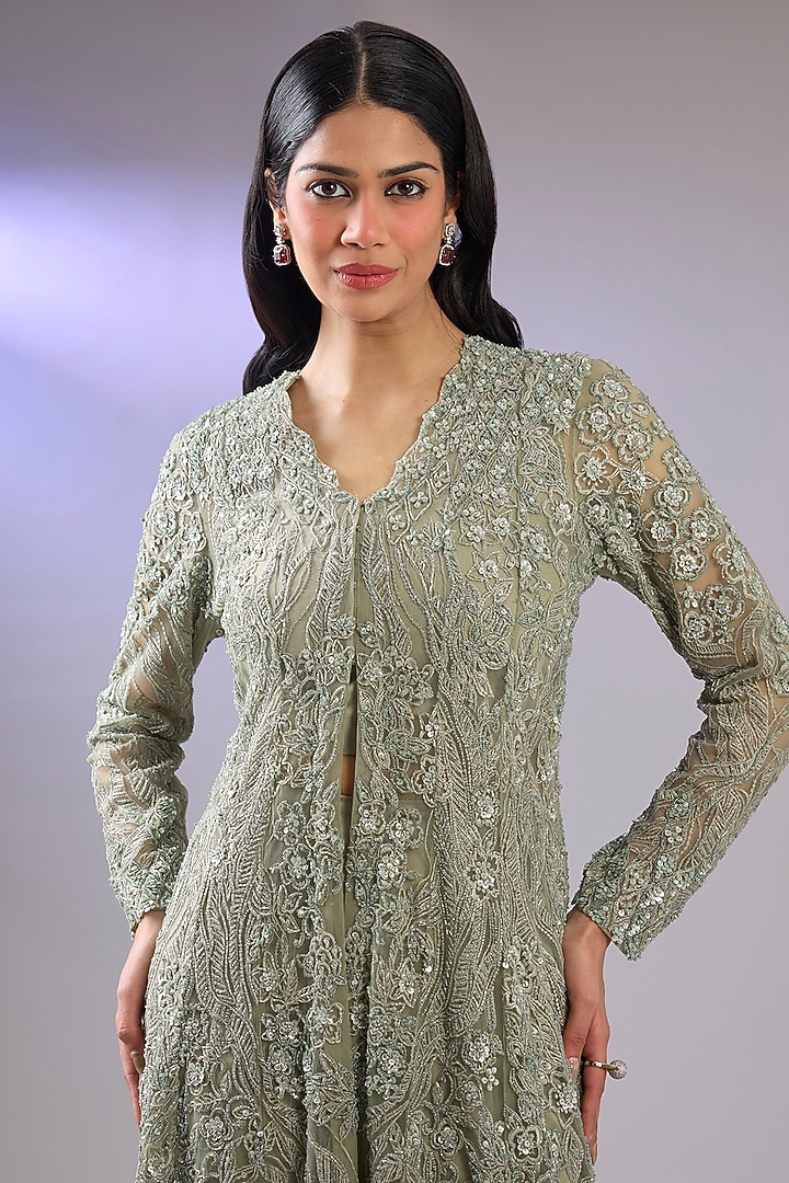 Green Sheer Net Dabka Work Jacket Set by Pallavi Poddar (India) at Pernia's Pop Up Shop