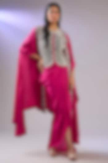 Pink Dupion Silk Resham Embroidered Cape Set by Pallavi Poddar (India) at Pernia's Pop Up Shop