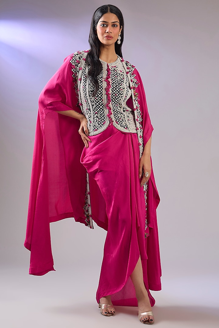 Pink Dupion Silk Resham Embroidered Cape Set by Pallavi Poddar (India) at Pernia's Pop Up Shop