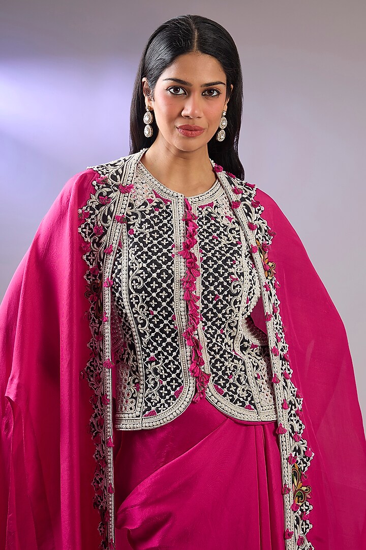 Pink Dupion Silk Resham Embroidered Cape Set by Pallavi Poddar (India) at Pernia's Pop Up Shop